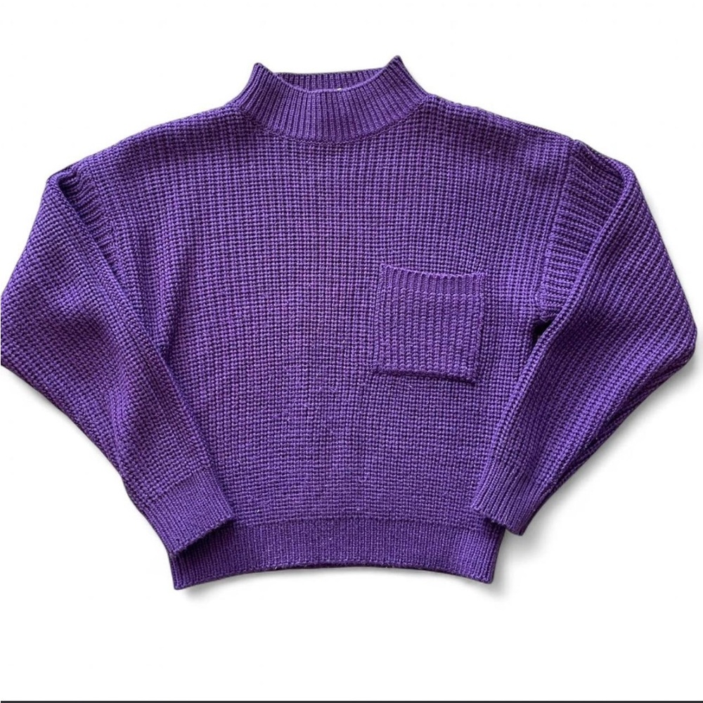 Vintage 90s purple mockneck knit sweater womens medium chest pocket casual